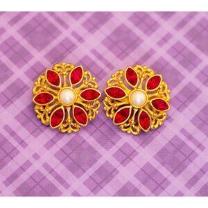 Vintage Red Rhinestone Floral Faux Pearl Gold Tone Clip On Earrings - V5